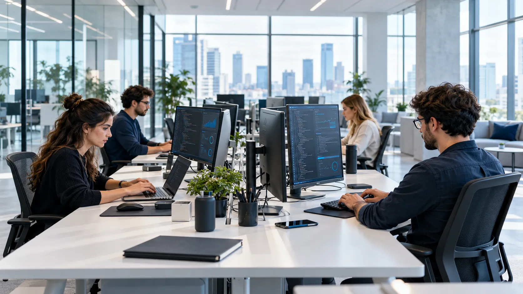 Équipe de développement travaillant sur plusieurs écrans